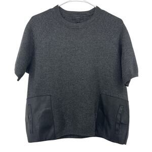 J Crew Size Medium‎ Merino Wool Boxy Fit Sweater Leather Pockets Short Sleeve